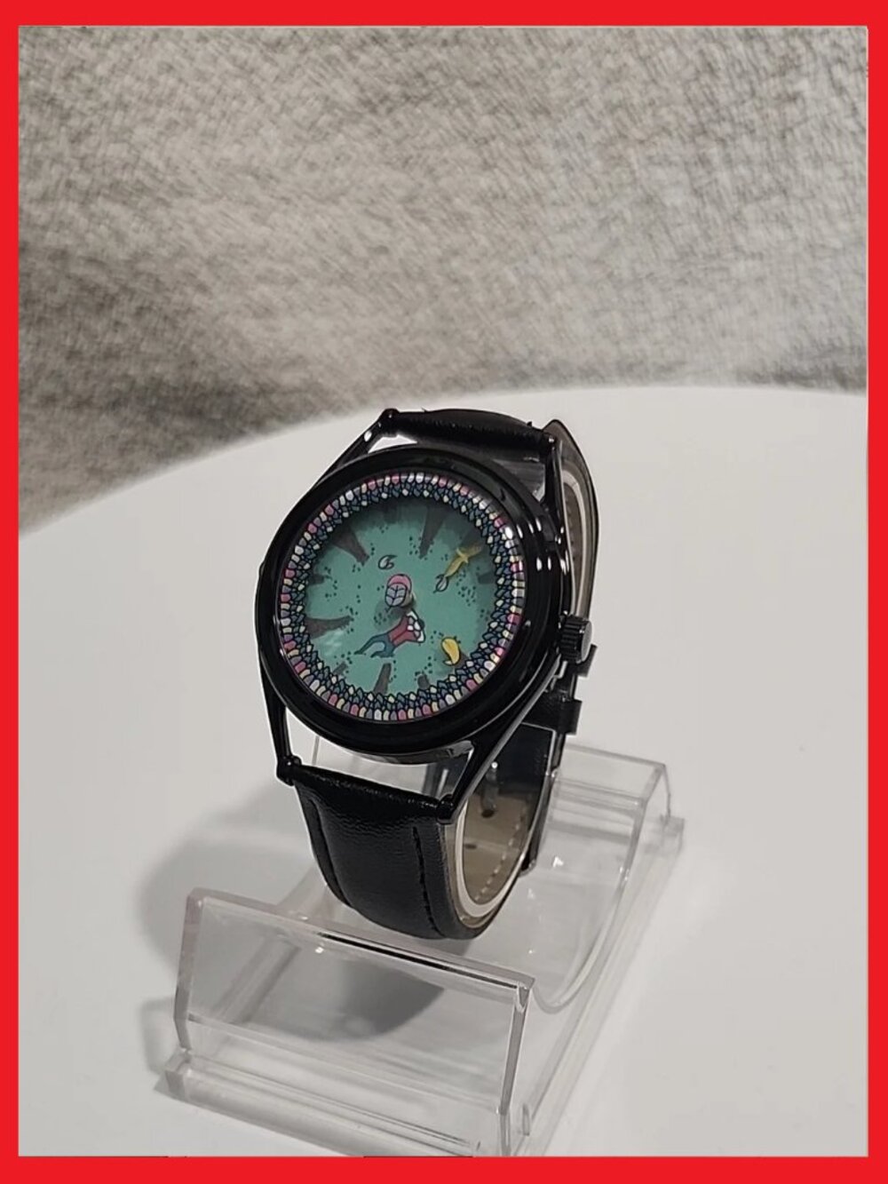 36mm Steel Quartz Creative Art Forest Dial Watch - Black Leather Strap
